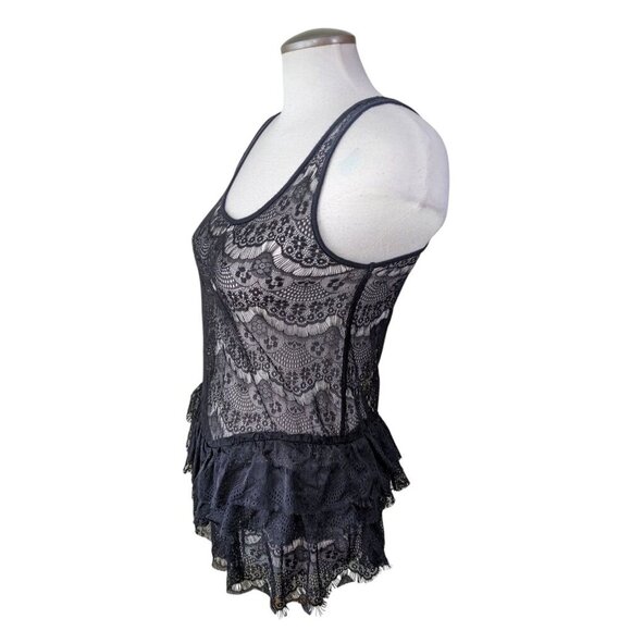 Ella Moss Womens Sheer Lace Tank Top Small Black Tiered Peplum Whimsigoth Witchy - Picture 3 of 5